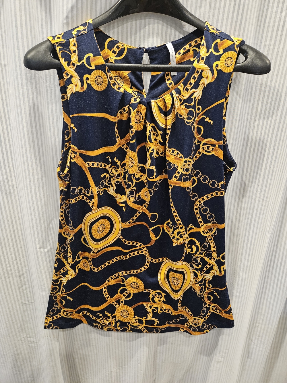 DNA Courture 1x Sleeveless Navy & Gold Chain-Print Shell Top